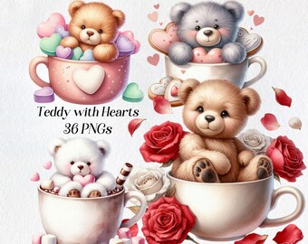Watercolor Teddy Bear Clipart: Valentine's Day PNGs (Digital Download)