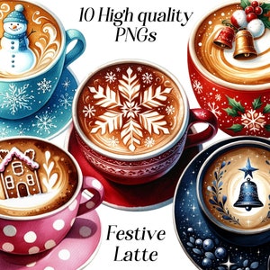 Watercolor Festive Latte Clipart, 10 High Quality PNG Files, Christmas ...