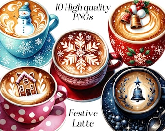 Aquarell Weihnachten Latte Clipart: Festliche Winter Getränke (PNG Dateien)