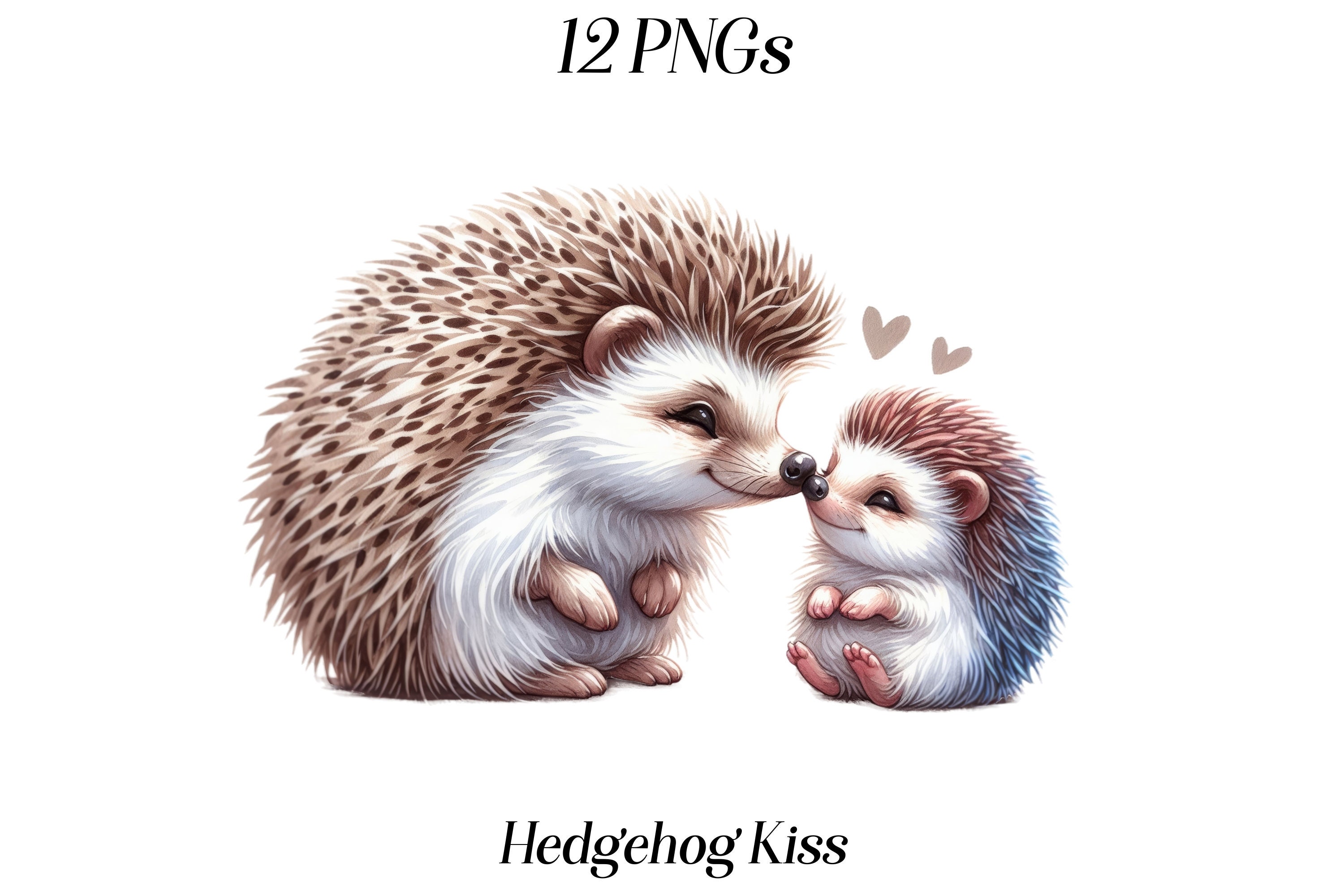 水彩ハリネズミのキスのクリップアート：母と子のPNGファイル