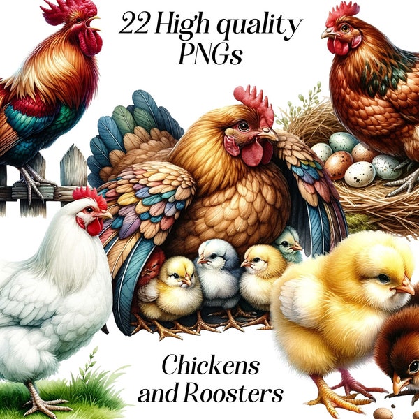 Watercolor Chickens and Roosters clipart, 22 high quality PNG files, baby chicks, farm animals, bird clip art, printable graphics