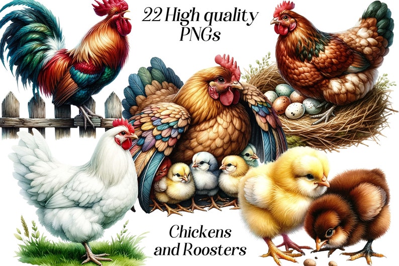 Watercolor Chicken Clipart: Farm Animal PNG Graphics (22 Files) image 1