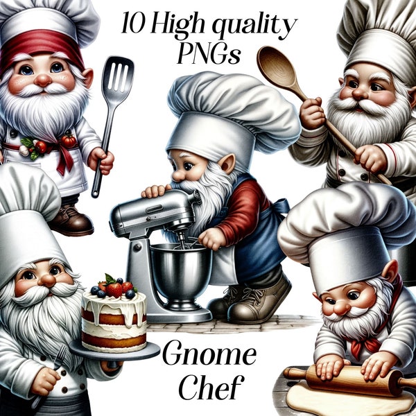 Watercolor Gnome Chef clipart, 10 high quality PNG files, Cooking gnome, baking, food clip art, illustration, printable graphics, kitchen