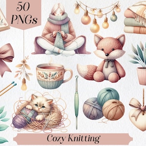 Cozy Knitting Clipart, knitted animals, decoration, pastel colors, watercolor clipart, digital download, knit, yarn, wool, hobby, crafts