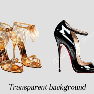 May include: Two pairs of high-heeled shoes. One pair is gold with clear straps and rhinestones. The other pair is black with a red sole.