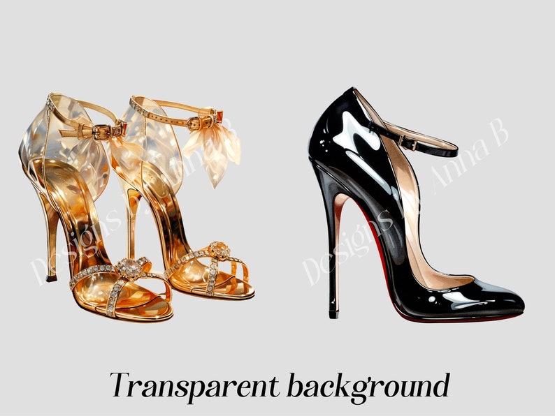 May include: Two pairs of high-heeled shoes. One pair is gold with clear straps and rhinestones. The other pair is black with a red sole.
