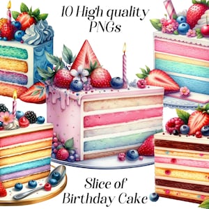 Aquarel plakje verjaardagstaart clipart, 10 hoge kwaliteit png-bestanden, illustraties taart, dessert, zoete lekkernijen, voedsel clipart, afdrukbare afbeeldingen