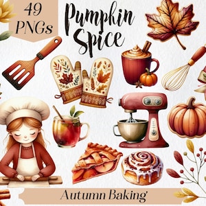 Könnte beinhalten: Aquarell-Illustration mit dem Text "Pumpkin Spice" und "Autumn Baking". Das Bild zeigt verschiedene herbstliche Elemente, darunter eine Köchin, Backutensilien, Kürbisse, Blätter und Backwaren.