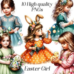 Paasmeisje clipart, aquarel lente meisje illustraties, png, schattig meisje, digitale afbeeldingen, afdrukbare illustratie, tuinmeisje, konijnenoren