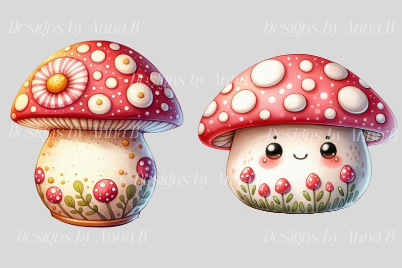 Watercolor Mushroom Clipart: Kawaii Patterned Design (12 PNG Files ...