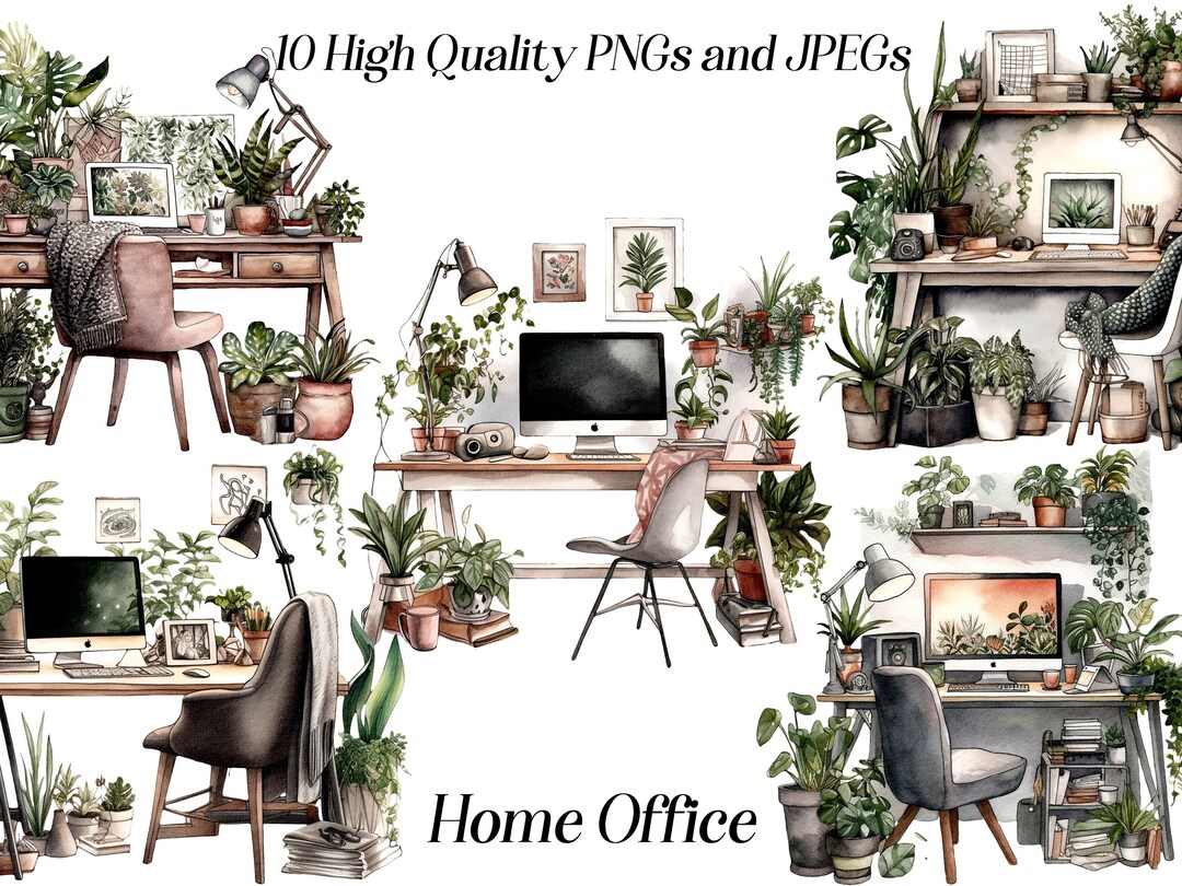 Watercolor Desk With Computer Clipart, 10 High Quality JPEG and PNG Files, Home Office, Work