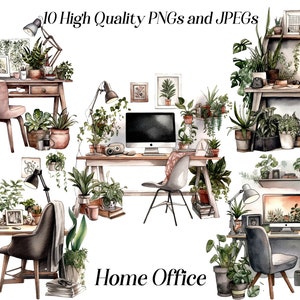 水彩画のデスクとコンピューターのクリップアート、10 個の高品質 JPEG および PNG ファイル、ホーム オフィス、在宅勤務、植物のある居心地の良いオフィス