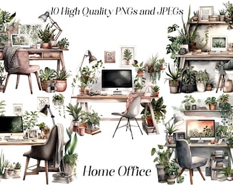 Clipart de oficina en casa en acuarela: Escritorio con computadora y plantas (JPEG, PNG)