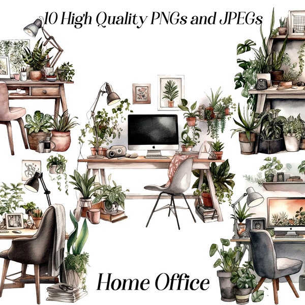 Bureau aquarelle avec clipart ordinateur, 10 fichiers JPEG et PNG de haute qualité, bureau à domicile, travail à domicile, bureau confortable avec des plantes