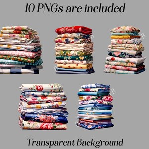 May include: Ten digital images of stacks of colorful floral patterned fabric. The fabric is folded neatly and stacked in various heights. The background is transparent.