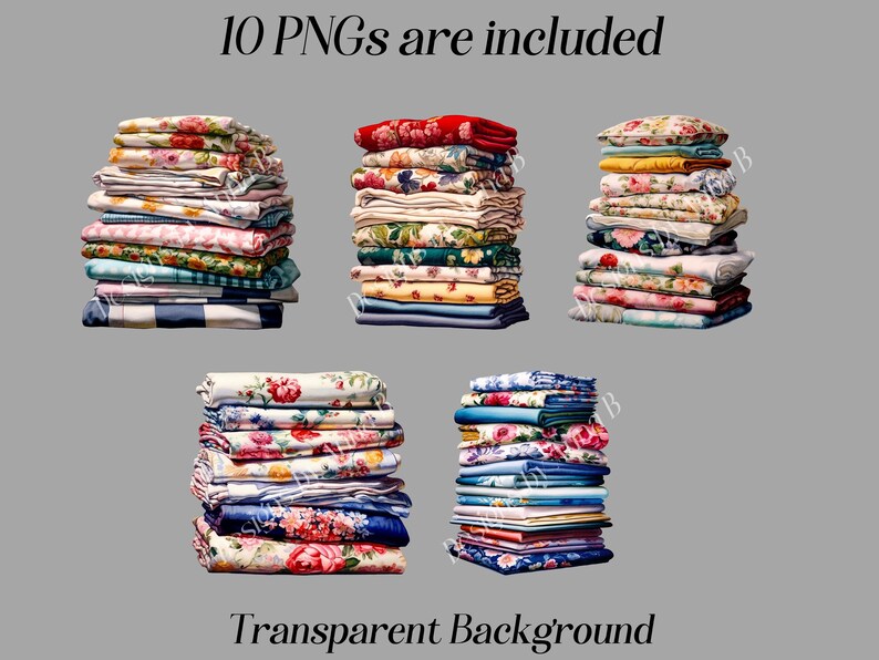 May include: Ten digital images of stacks of colorful floral patterned fabric. The fabric is folded neatly and stacked in various heights. The background is transparent.