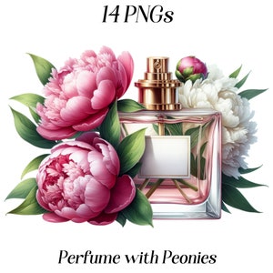 Aquarelparfum met pioenrozen clipart, 14 png-bestanden, parfumfles, bloemenparfum, beauty en mode, illustratie, afdrukbare afbeeldingen