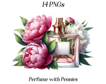 Clipart di profumo e peonie ad acquerello: illustrazione di moda floreale (14 PNG)