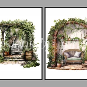 May include: Two watercolor illustrations of outdoor seating areas. The first image shows a white bench under a wooden pergola covered in green vines. The second image shows a wicker sofa with green cushions under an archway covered in green vines.