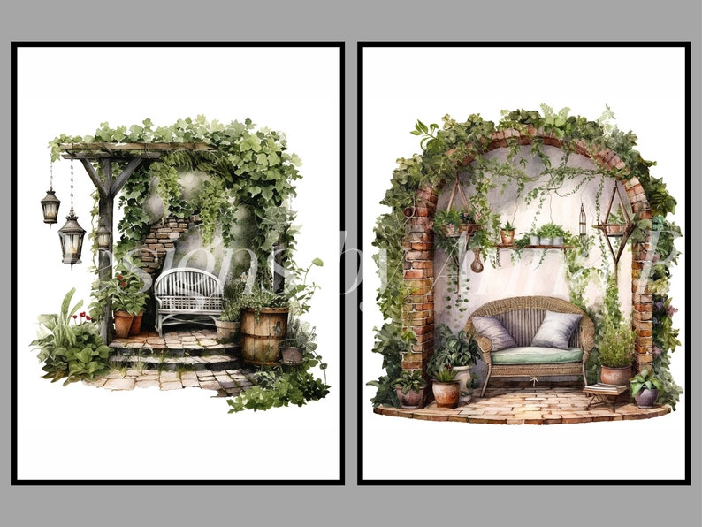 May include: Two watercolor illustrations of outdoor seating areas. The first image shows a white bench under a wooden pergola covered in green vines. The second image shows a wicker sofa with green cushions under an archway covered in green vines.