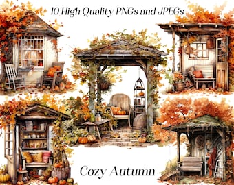 Watercolor Autumn Clipart: Cozy Cottagecore Scenes (JPEG, PNG)