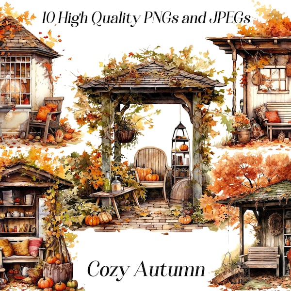 Watercolor cozy autumn clipart, 10 high quality JPEG and PNG files, Fall clipart, cozy corner, nook, cottagecore clipart, printables