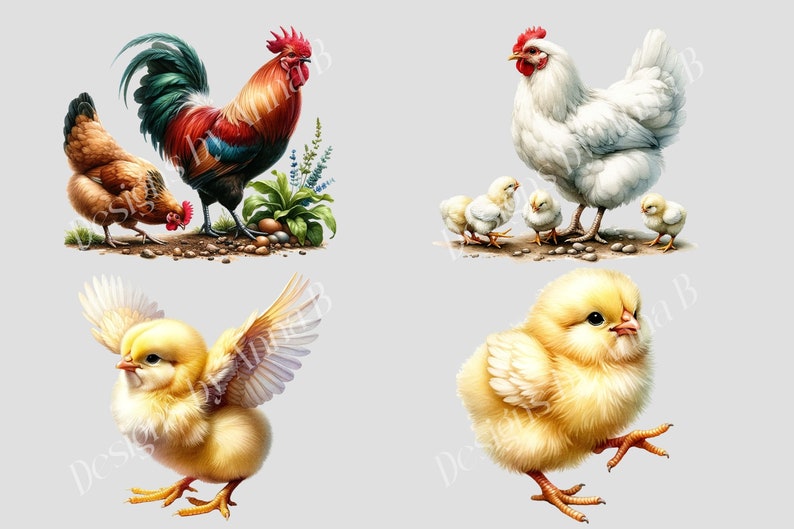 May include: A colorful illustration of a rooster and hen with chicks. The rooster is red, green, and yellow. The hen is brown. The chicks are yellow. The rooster and hen are standing on the ground with green plants behind them. The chicks are standing on the ground with rocks behind them.