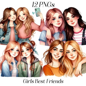 Aquarel meisjes beste vrienden clipart, 12 png-bestanden, schattige meisjes, besties, zussen, neven en nichten, familie, vriendschap, illustratie, printables