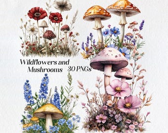 Clipart de flores silvestres y hongos en acuarela: 30 ilustraciones PNG (descarga digital)