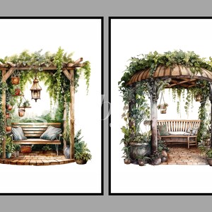 May include: Two watercolor illustrations of garden gazebos with benches. The first gazebo is a simple wooden structure with a vine-covered roof. The second gazebo has a more ornate design with a curved roof and columns. Both gazebos are surrounded by lush greenery.