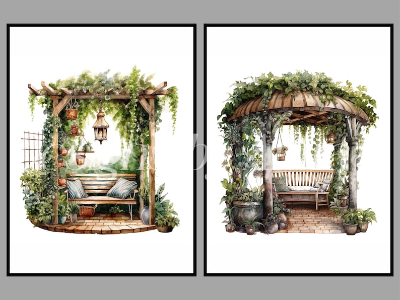 May include: Two watercolor illustrations of garden gazebos with benches. The first gazebo is a simple wooden structure with a vine-covered roof. The second gazebo has a more ornate design with a curved roof and columns. Both gazebos are surrounded by lush greenery.