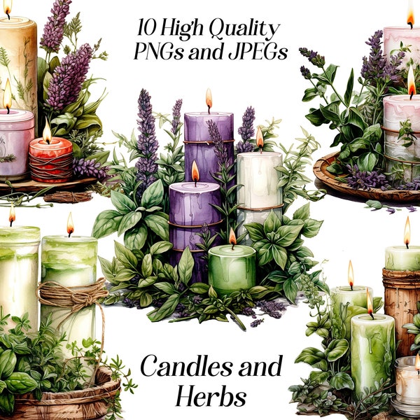 Watercolor candles and herbs clipart, 10 high quality JPEG and PNG files, herbal clip art, medicinal herbs, printable graphics