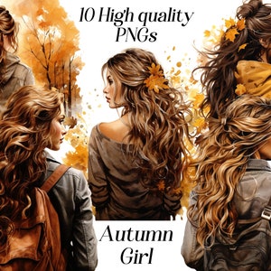 Clipart de garota de outono em aquarela, 10 arquivos PNG de alta qualidade, clipart de outono, moda de outono, clipart sazonal, gráficos para impressão