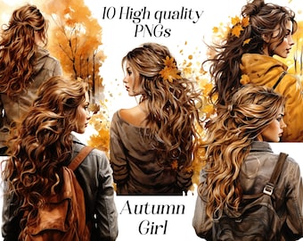 Watercolor Autumn Girl Clipart: 10 PNG Fashion Graphics (Digital Download)