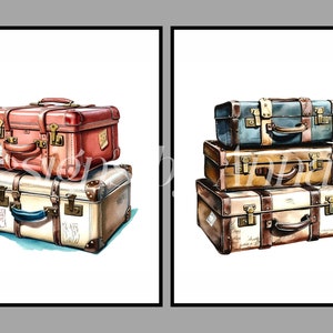 May include: Two illustrations of vintage suitcases. The first image shows two suitcases stacked on top of each other. The top suitcase is red and the bottom suitcase is cream with brown leather accents. The second image shows three suitcases stacked on top of each other. The top suitcase is blue, the middle suitcase is brown, and the bottom suitcase is cream with brown leather accents.