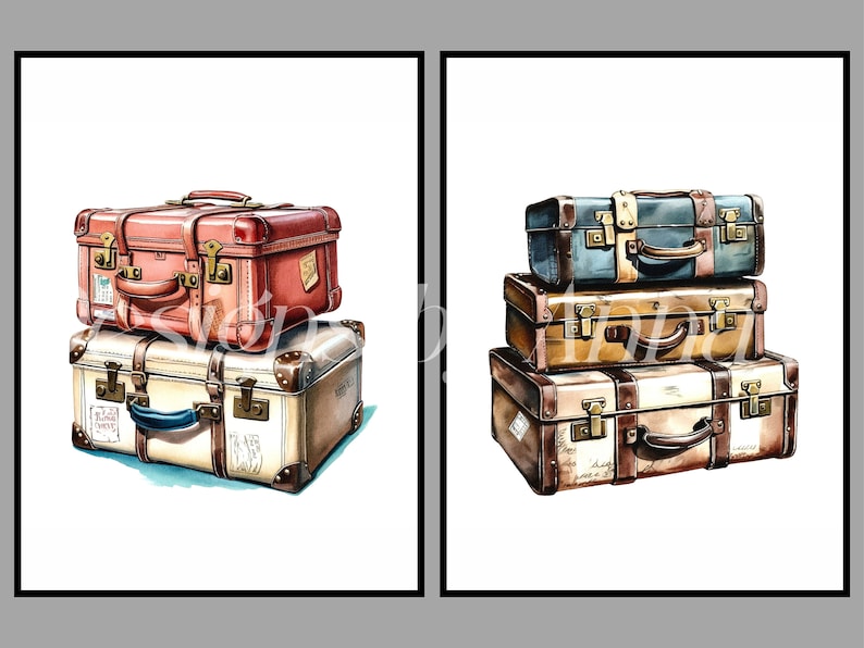 May include: Two illustrations of vintage suitcases. The first image shows two suitcases stacked on top of each other. The top suitcase is red and the bottom suitcase is cream with brown leather accents. The second image shows three suitcases stacked on top of each other. The top suitcase is blue, the middle suitcase is brown, and the bottom suitcase is cream with brown leather accents.