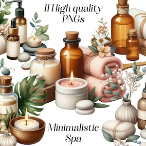 Aquarelle spa minimaliste clipart, 11 fichiers PNG, bien-être, journée au spa, articles de toilette, huiles essentielles, crèmes, articles de soins personnels, produits à imprimer