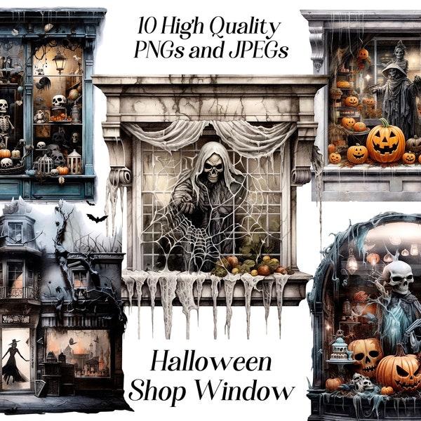 Watercolor halloween shop window clipart, 10 high quality JPEG and PNG files, store front clipart, window display clip art, spooky clipart