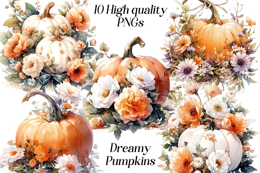 Floral Pumpkin Clipart: Watercolor Autumn PNG Images (digital Download ...