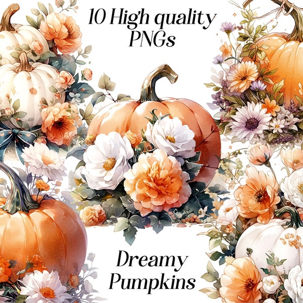 Watercolor Dreamy Pumpkins clipart, 10 high quality PNG files, Floral pumpkins, pumpkin with flowers, botanical images, autumn clip art
