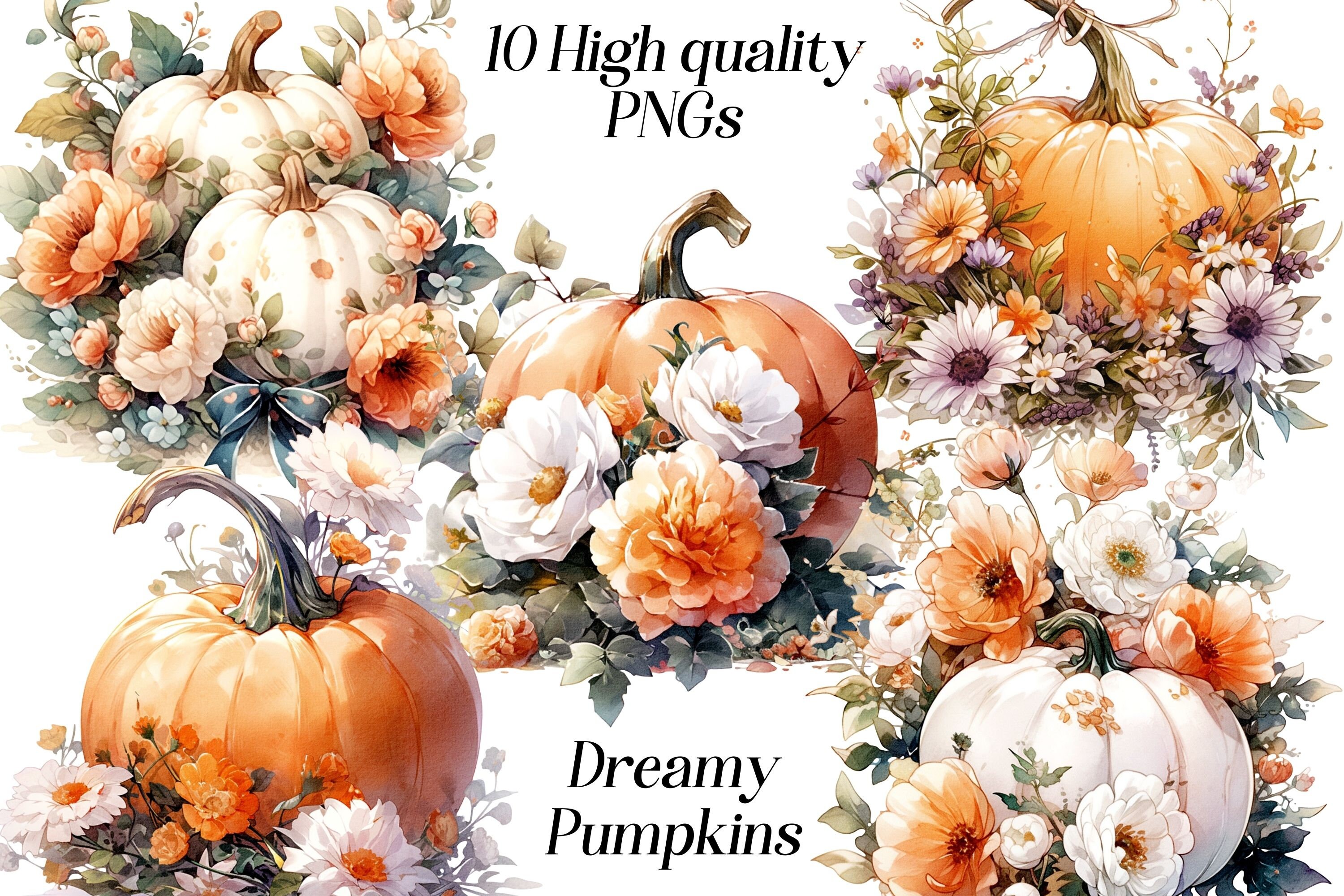 Floral Pumpkin Clipart: Watercolor Autumn PNG Images (digital Download ...