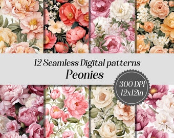 Peonies seamless digital paper, 12 high quality JPEG files, watercolor peonies, digital printable paper, floral background