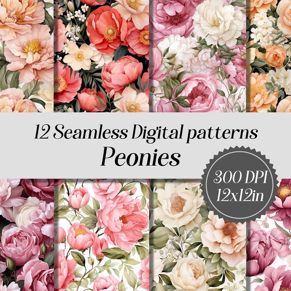 Peonies seamless digital paper, 12 high quality JPEG files, watercolor peonies, digital printable paper, floral background