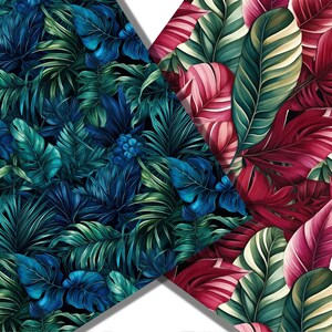 May include: Two seamless patterns featuring tropical leaves in shades of green, blue, and red. The patterns are arranged in a diagonal split, with the left side featuring a dark blue and green pattern and the right side featuring a red and green pattern.