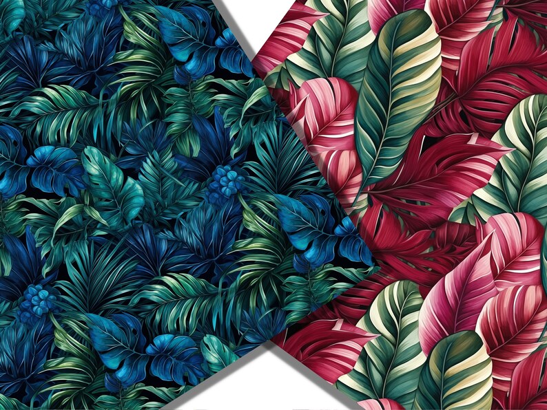May include: Two seamless patterns featuring tropical leaves in shades of green, blue, and red. The patterns are arranged in a diagonal split, with the left side featuring a dark blue and green pattern and the right side featuring a red and green pattern.