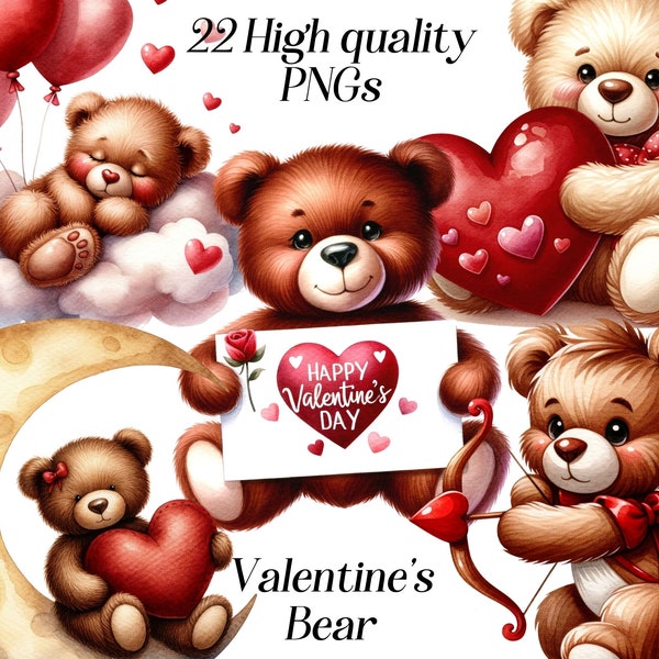 Watercolor Valentine Bear clipart, 22 high quality PNG files, valentine's day, love clipart, heart clipart, cute bear images, printables