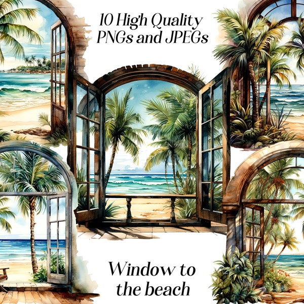Fenêtre aquarelle à la plage clipart, 10 fichiers JPEG et PNG de haute qualité, vacances d'été, paysage de plage, graphiques imprimables