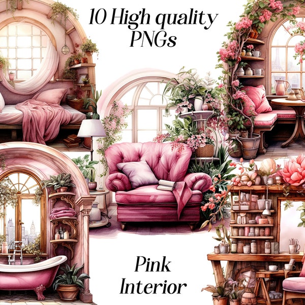 Clipart intérieur rose aquarelle, 10 fichiers PNG de haute qualité, clipart chambre, coin douillet pastel, design d’intérieur, conception de sublimation