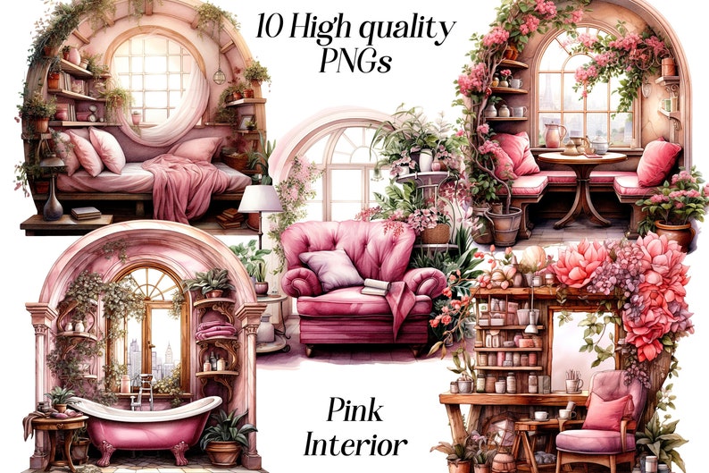 Clipart intérieur rose aquarelle, 10 fichiers PNG de haute qualité, clipart chambre, coin douillet pastel, design dintérieur, conception de sublimation image 1
