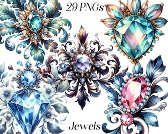 Könnte beinhalten: Aquarellillustrationen von verzierten Juwelen mit funkelnden Edelsteinen in verschiedenen Formen und Farben, darunter Blau, Rosa und Türkis. Das Bild enthält den Text "29 PNGs" und "Jewels".